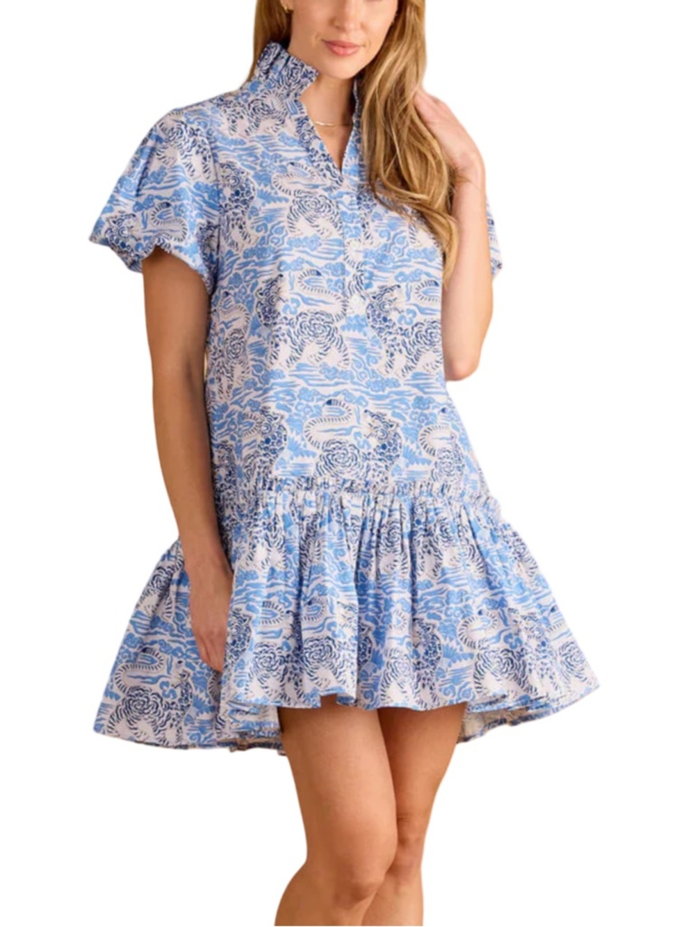 DOUBLE A GIA DRESS TIGRIS BLUE WHITE TAN COTTON MINI PUFF SLEEVES SIZE LARGE